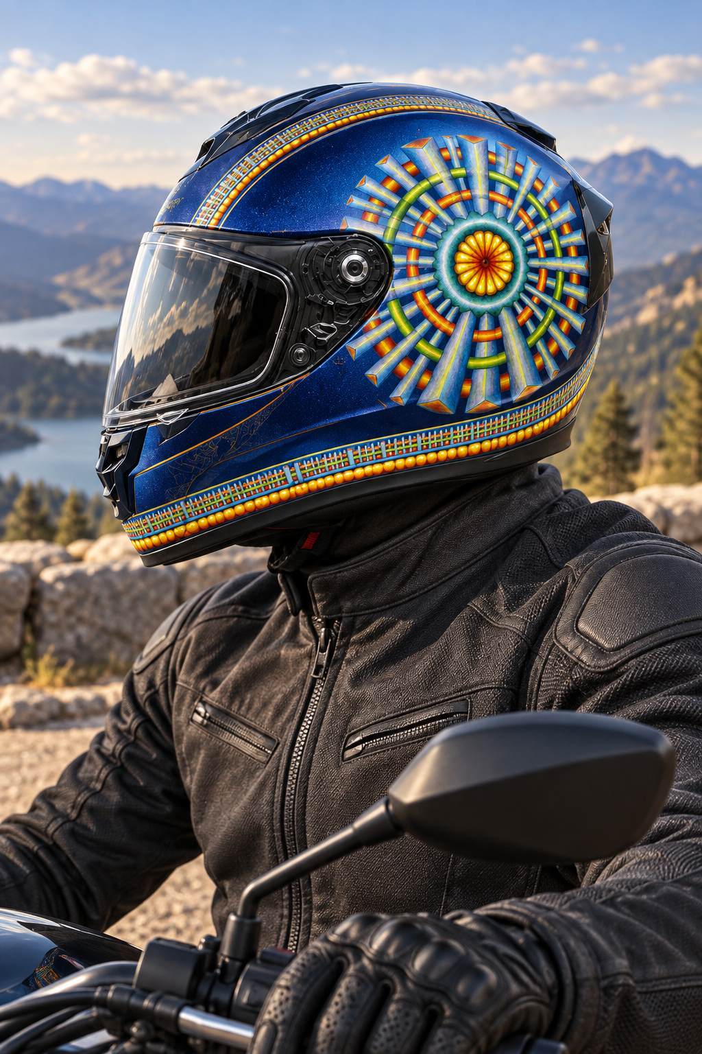 Rider wearing a blue motorcycle helmet decorated with colorful Spokin artwork at a mountain overlook.