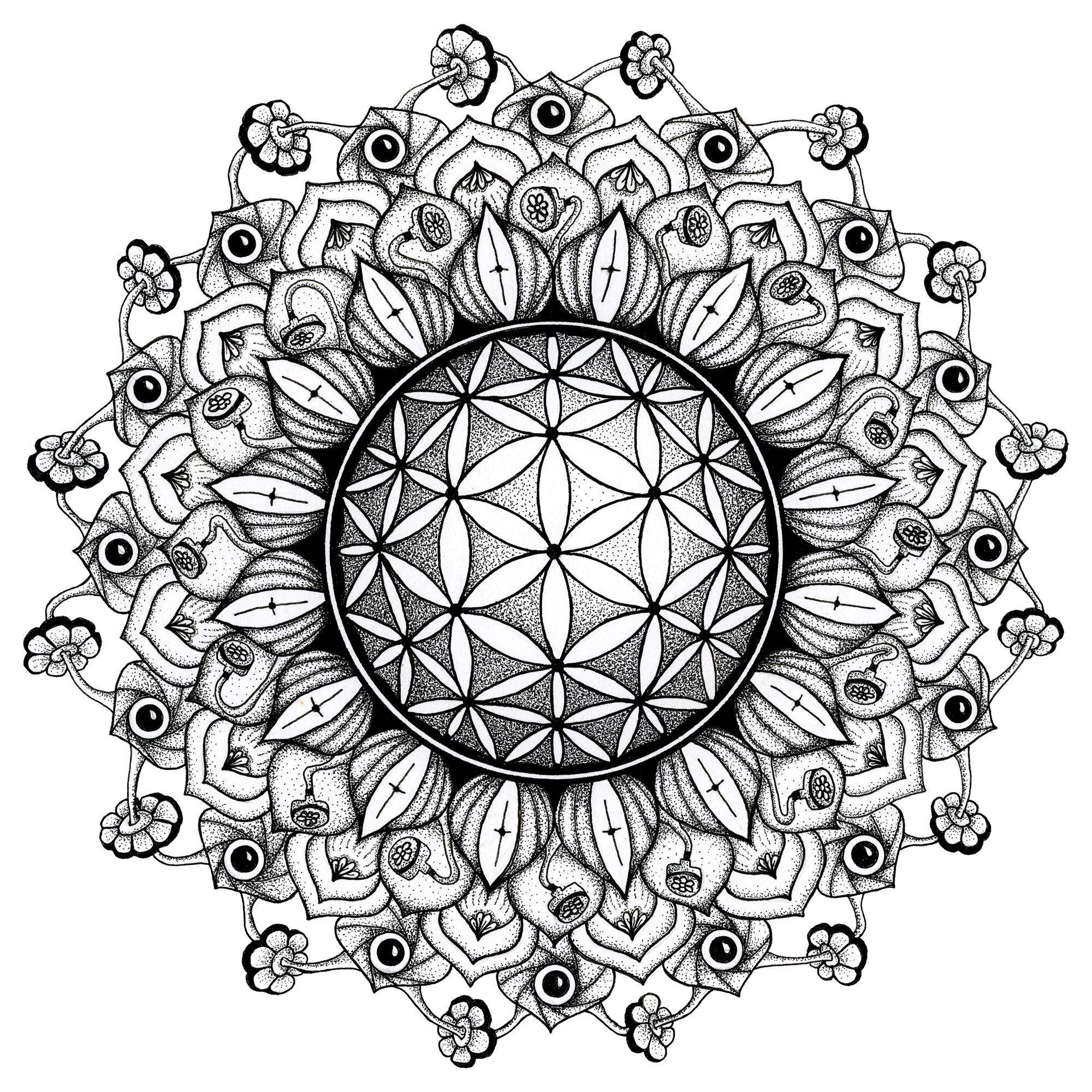 Black-and-white Flower of Life mandala artwork.