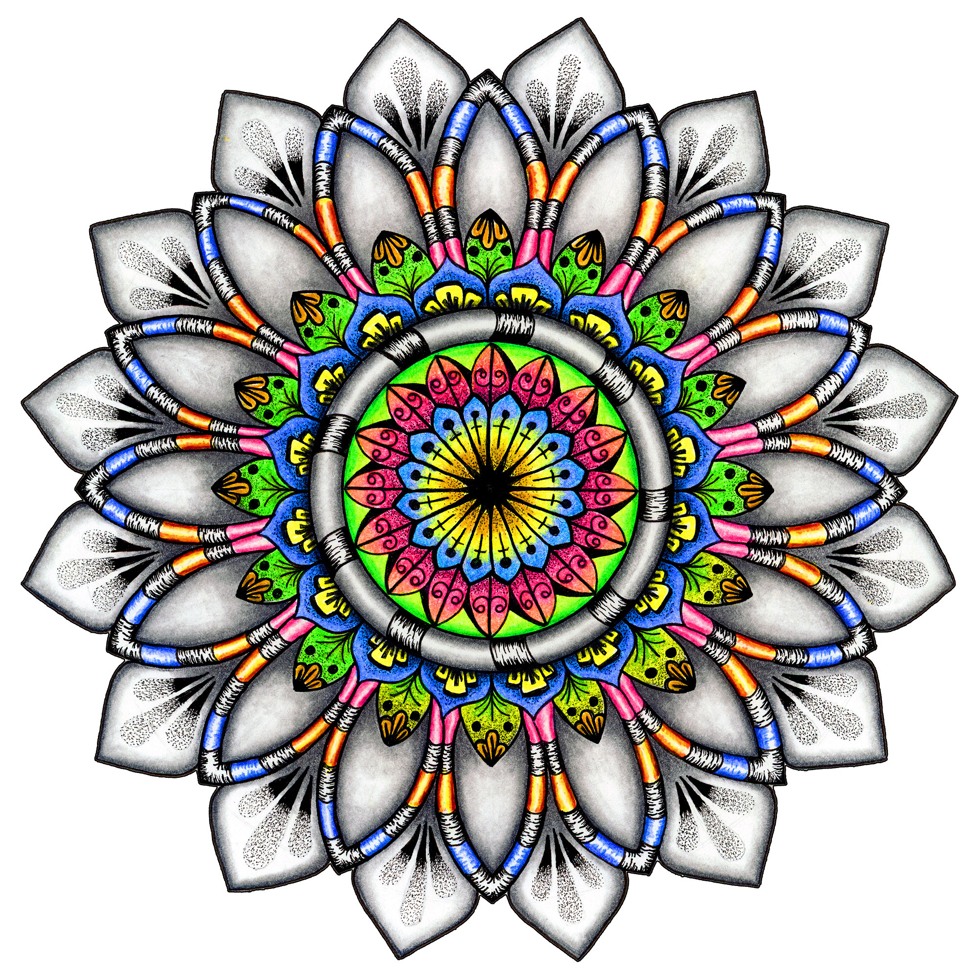 Circular Radiance mandala artwork with blue, gold, red, and green details.