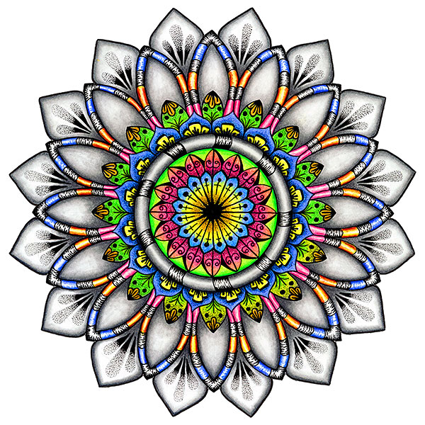 Radiance mandala artwork featuring layered floral geometry, vibrant color, and detailed radial symmetry.