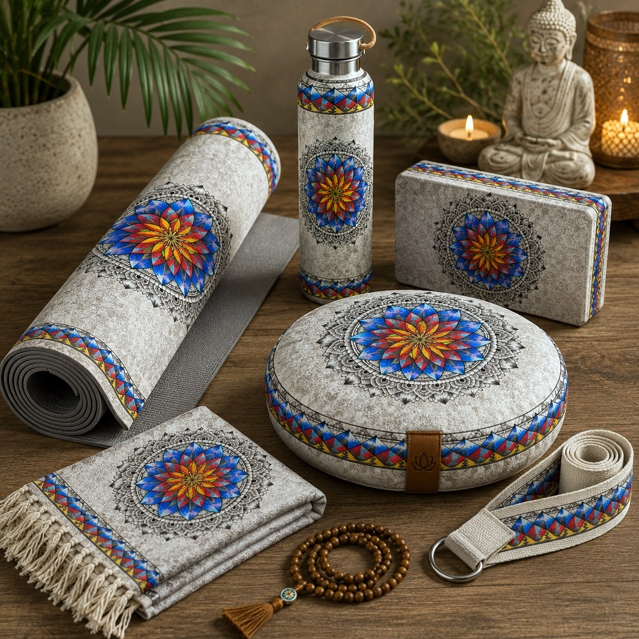 Inner Coherence design system featured across yoga mats, meditation cushions, water bottles, and wellness accessories.
