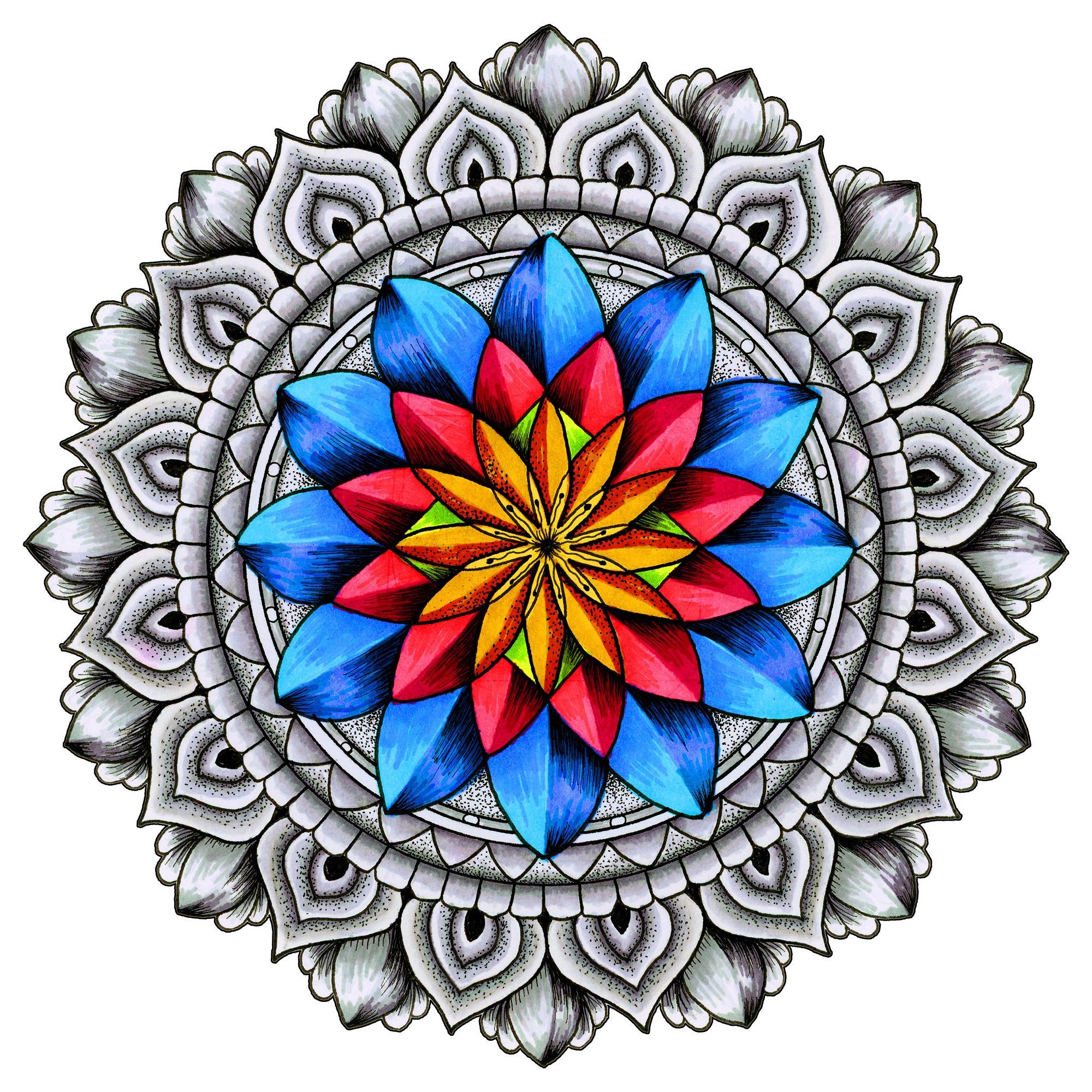 Circular Inner Coherence mandala artwork with a blue, red, and orange center.