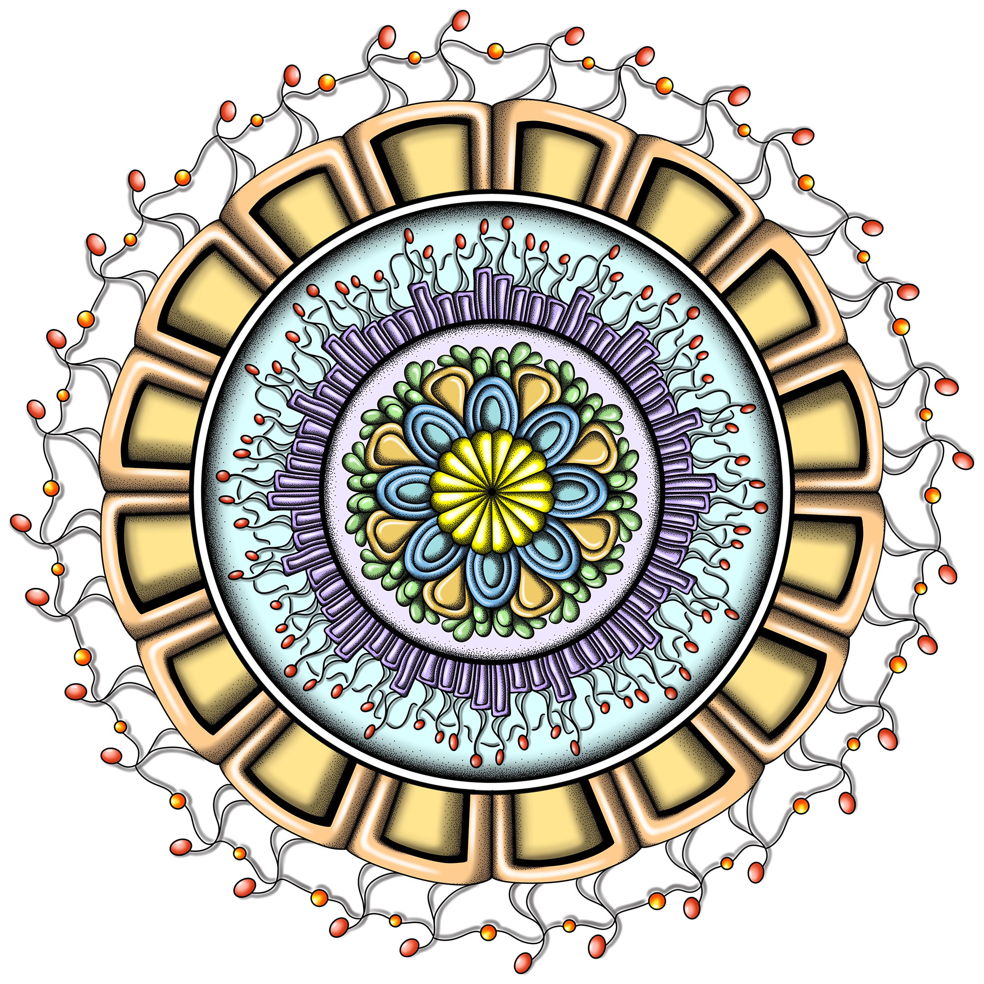 Circular Together mandala artwork in blue, gold, and green.