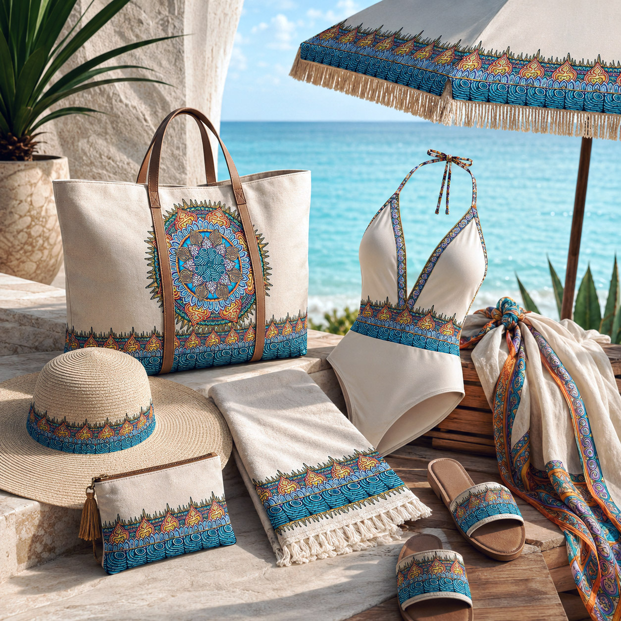 Desert Flame design system applied to coordinated beach and resort accessories, including bags, sandals, towels, and sun hats.