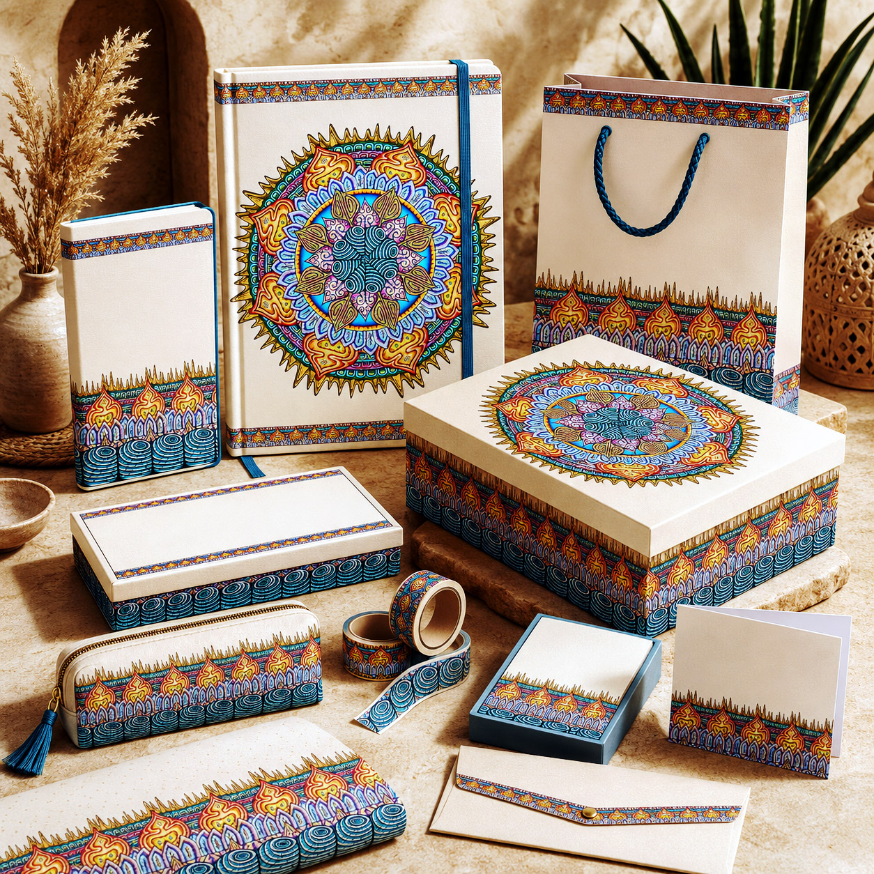 Desert Flame design system applied to coordinated gift packaging, stationery, journals, and desk accessories.