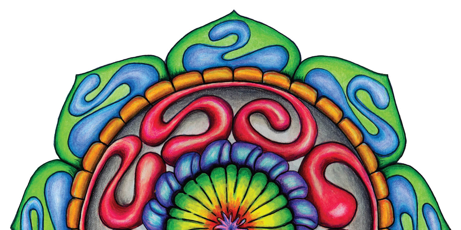 Colorful cropped mandala artwork from the Grounded Core design system, featuring layered organic shapes and radial symmetry.