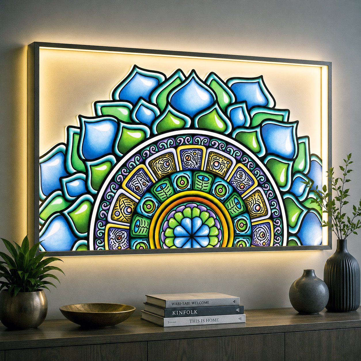 Contemporary commercial interior featuring Emerald Dream as illuminated framed artwork above a console.