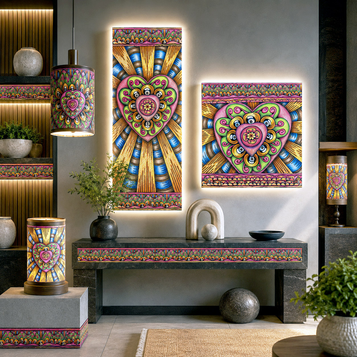 Bursting Heart design system applied to illuminated wall art, pendant lighting, table lamps, and decorative home décor.