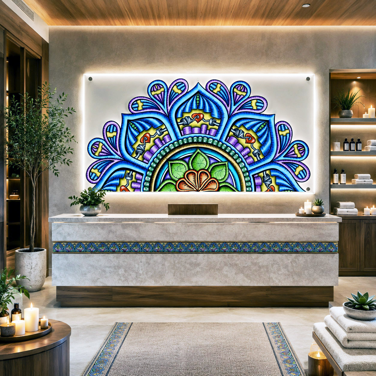 Siriusly design system integrated into a commercial reception feature wall within a contemporary wellness environment.