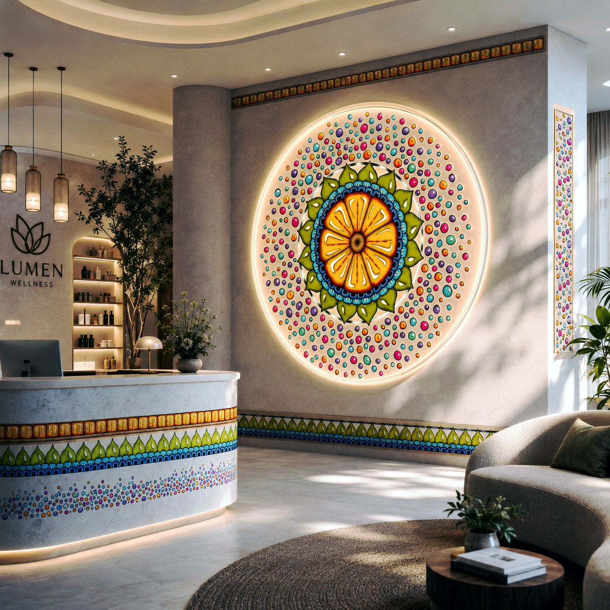 Surrender to Grace design system showcased as an illuminated architectural feature wall in a wellness reception space.