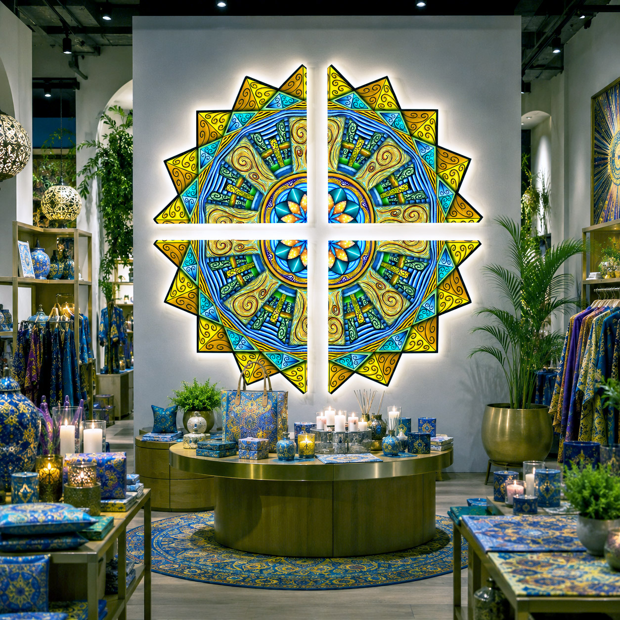 Retail lobby featuring the Spokin With design system as a vibrant geometric wall installation surrounded by greenery.