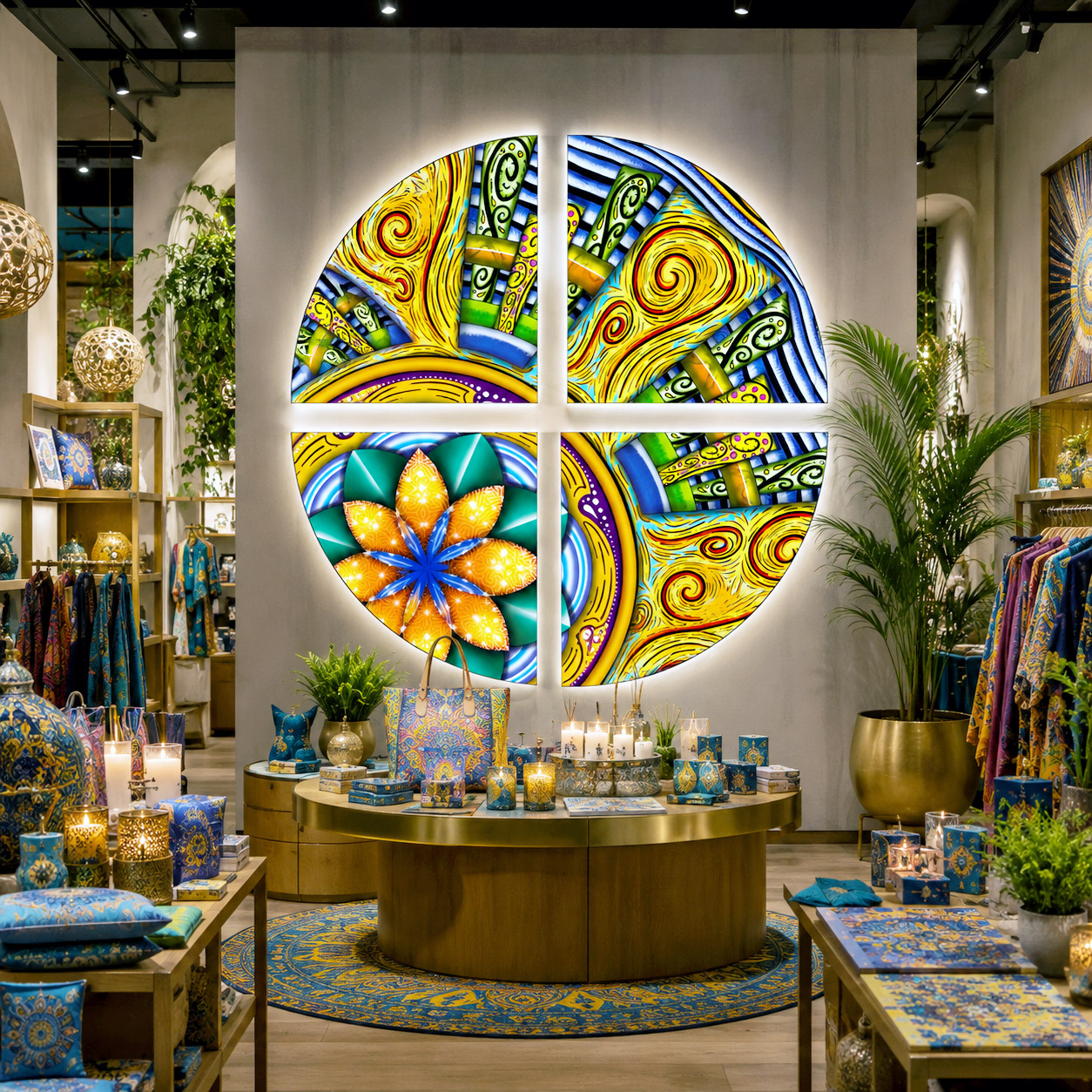 Retail environment featuring Spokin With as a large circular wall installation with coordinated merchandise displays.