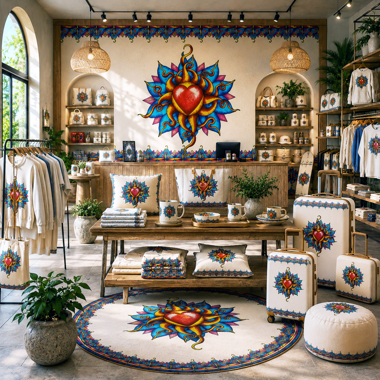 Branded retail store featuring Wild At Heart across a feature wall, apparel, luggage, textiles, and coordinated merchandise.