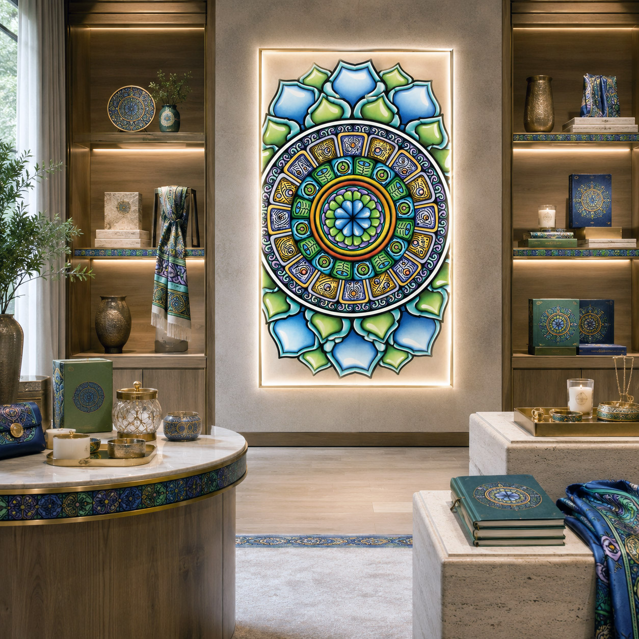 Premium retail lobby featuring the Emerald Dream mandala as a large architectural focal point.
