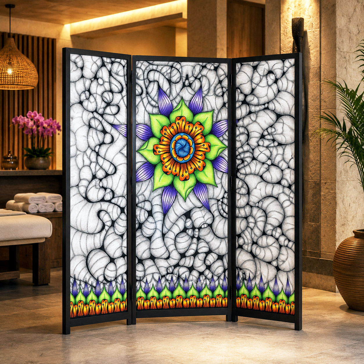 Elegant lobby featuring the Ethereal design system integrated into translucent decorative room-divider panels.