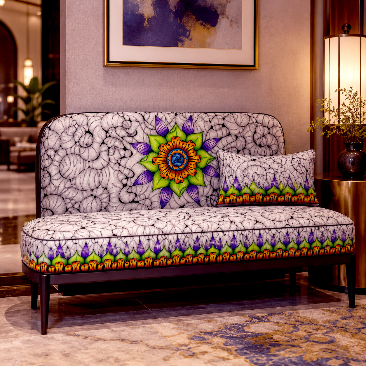 Boutique hospitality interior featuring the Ethereal design system across upholstered seating and decorative wall panels.