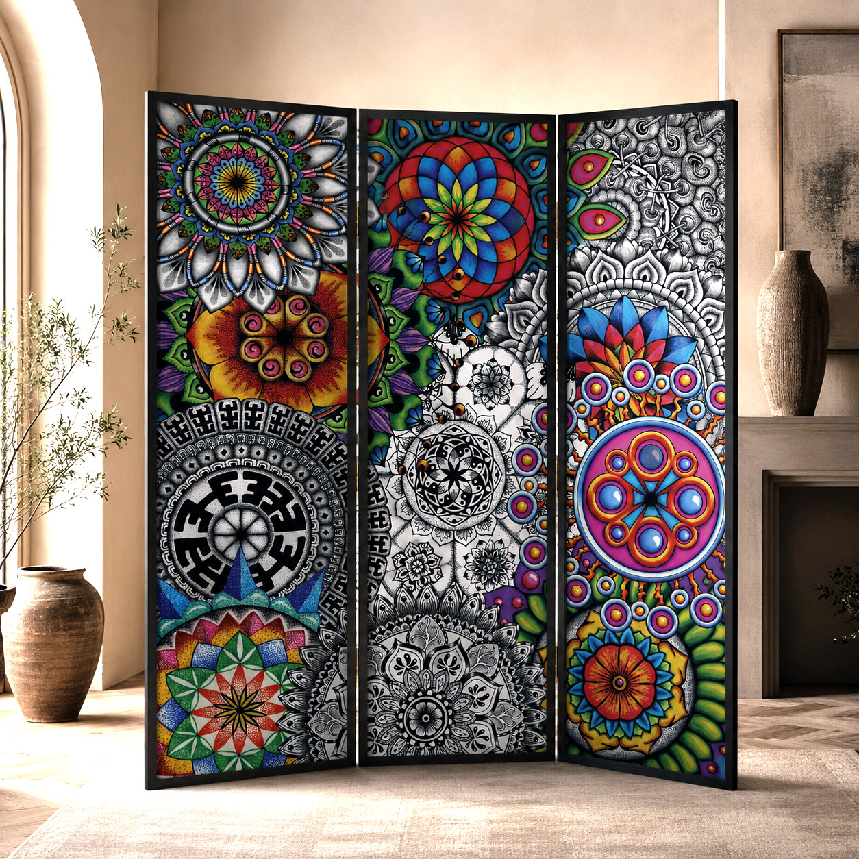 Contemporary lobby featuring Mandala Collage 1 across colorful decorative room-divider panels.
