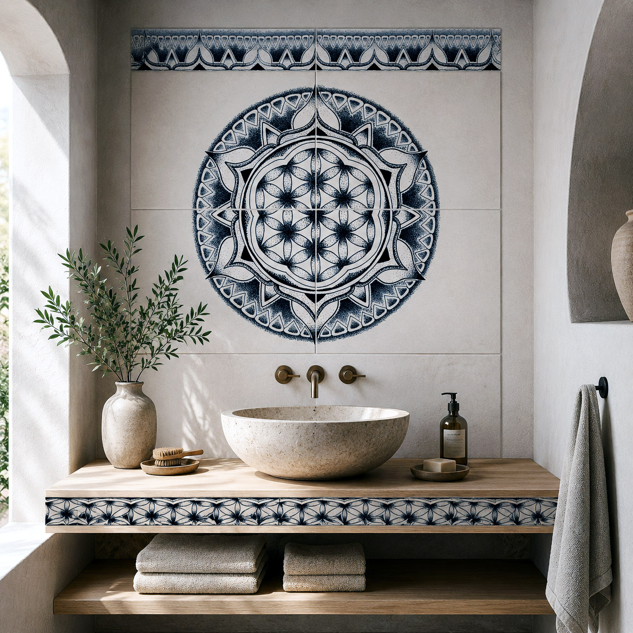 Minimal interior featuring a blue Flower of Life design applied to a decorative ceramic tile wall panel.