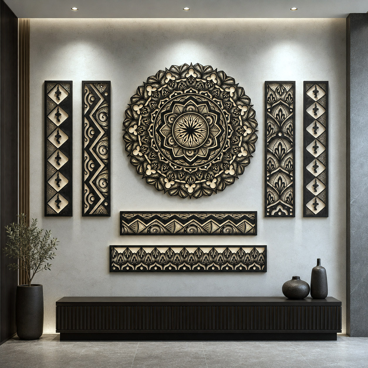 Modern lobby featuring the Rhythmic Pulse mandala as a dramatic black-and-white wall installation.