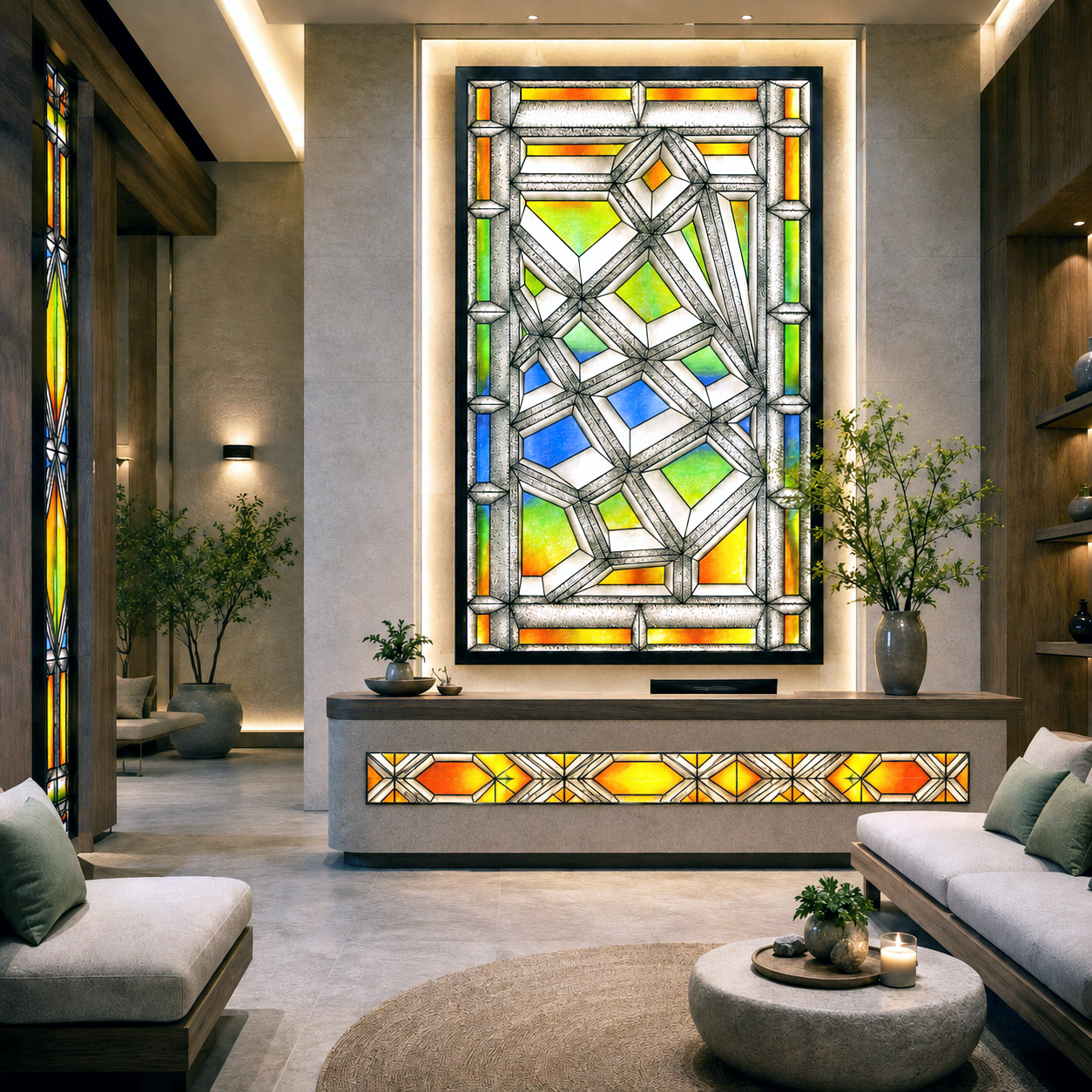 Boutique wellness hotel lobby featuring a luminous stained-glass-inspired mandala installation.
