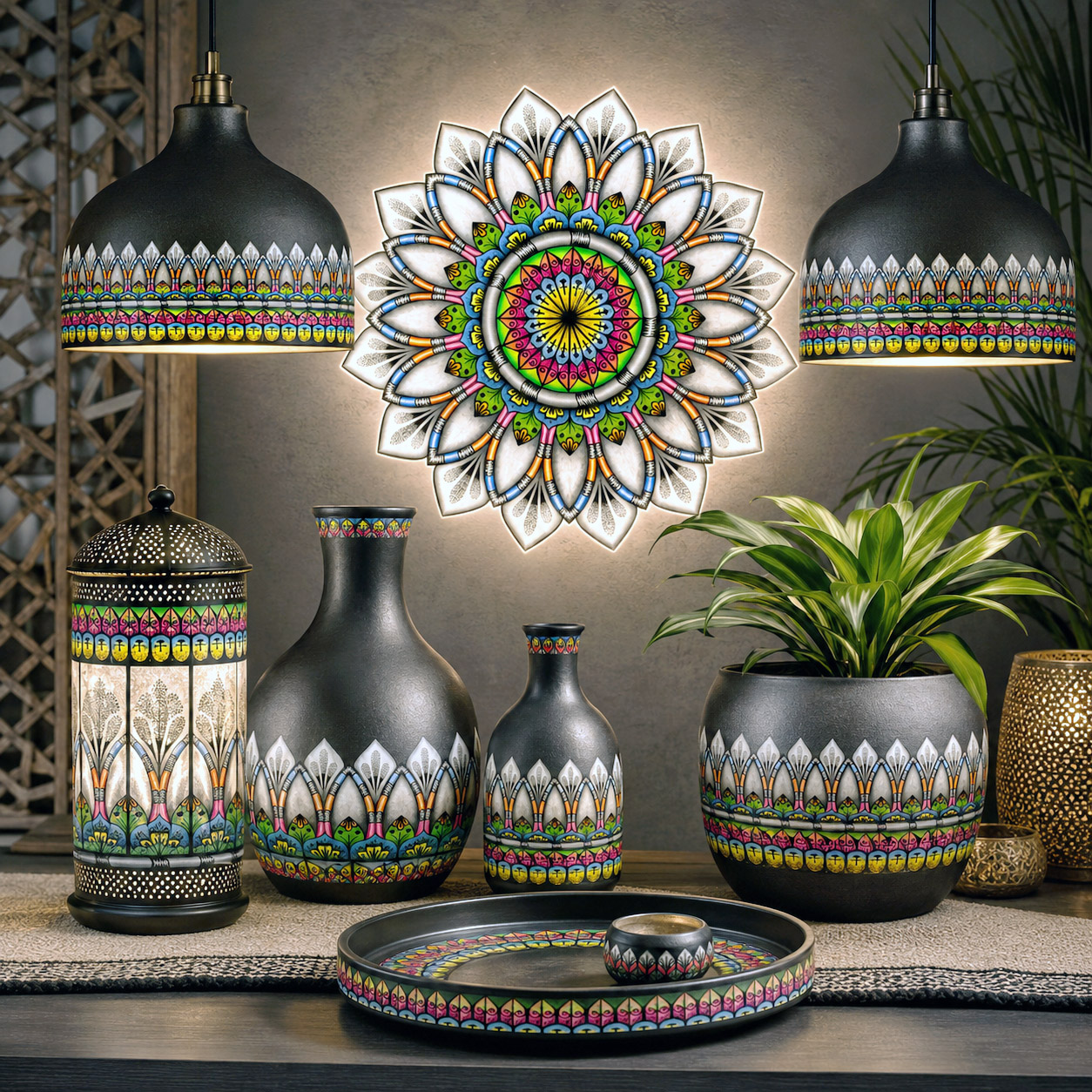 Contemporary living space featuring the Radiance design system across wall art, vases, planters, and coordinated lighting.