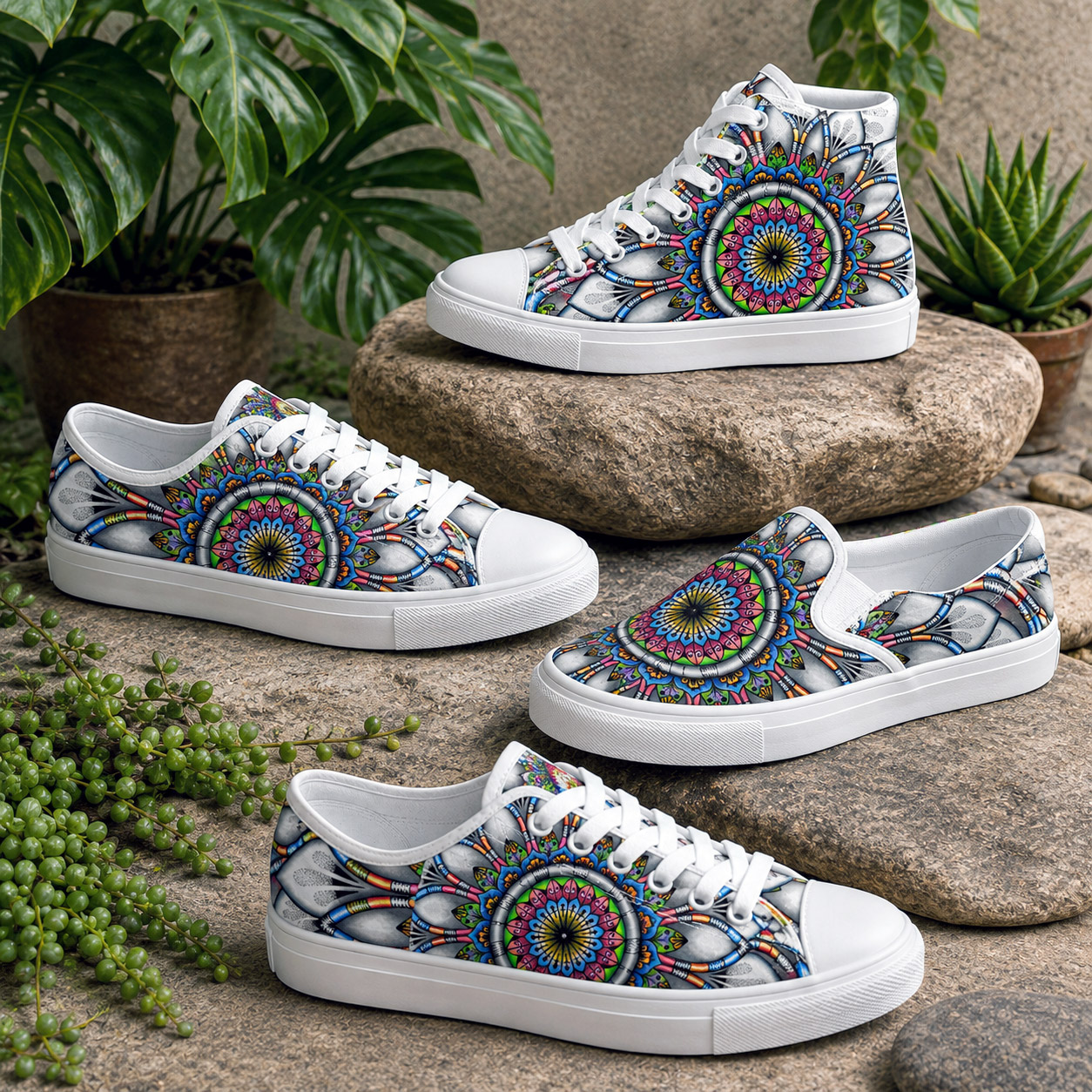 Radiance design system applied to a coordinated collection of high-top and low-top sneakers.