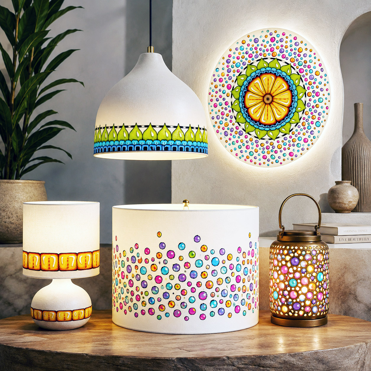 Surrender to Grace design system adapted across pendant lighting, table lamps, wall lighting, and decorative illumination.