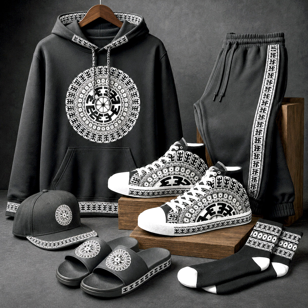Komo design system applied to premium footwear, apparel, accessories, and coordinated lifestyle products.
