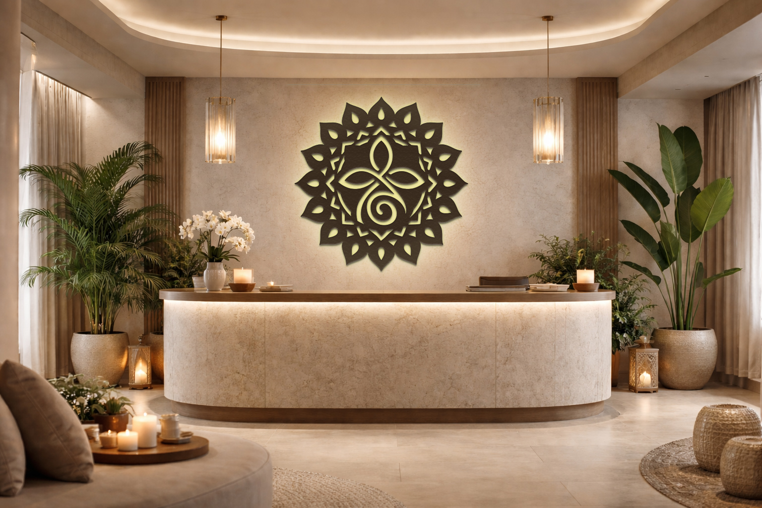 Warm wellness center reception featuring the Unconditional Love mandala as a calming wall focal point.
