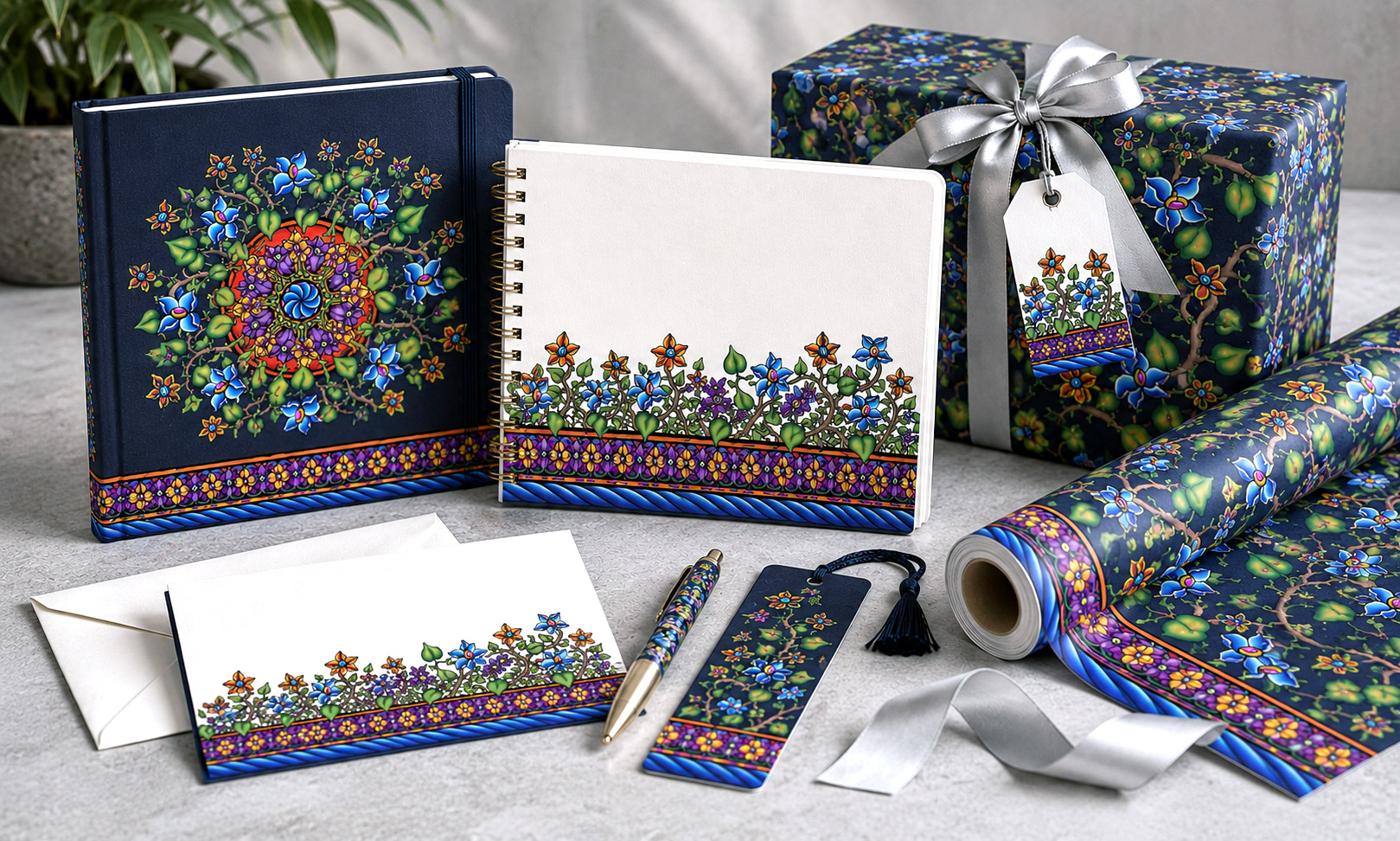 Wall Flowers design system applied across coordinated stationery and paper goods.