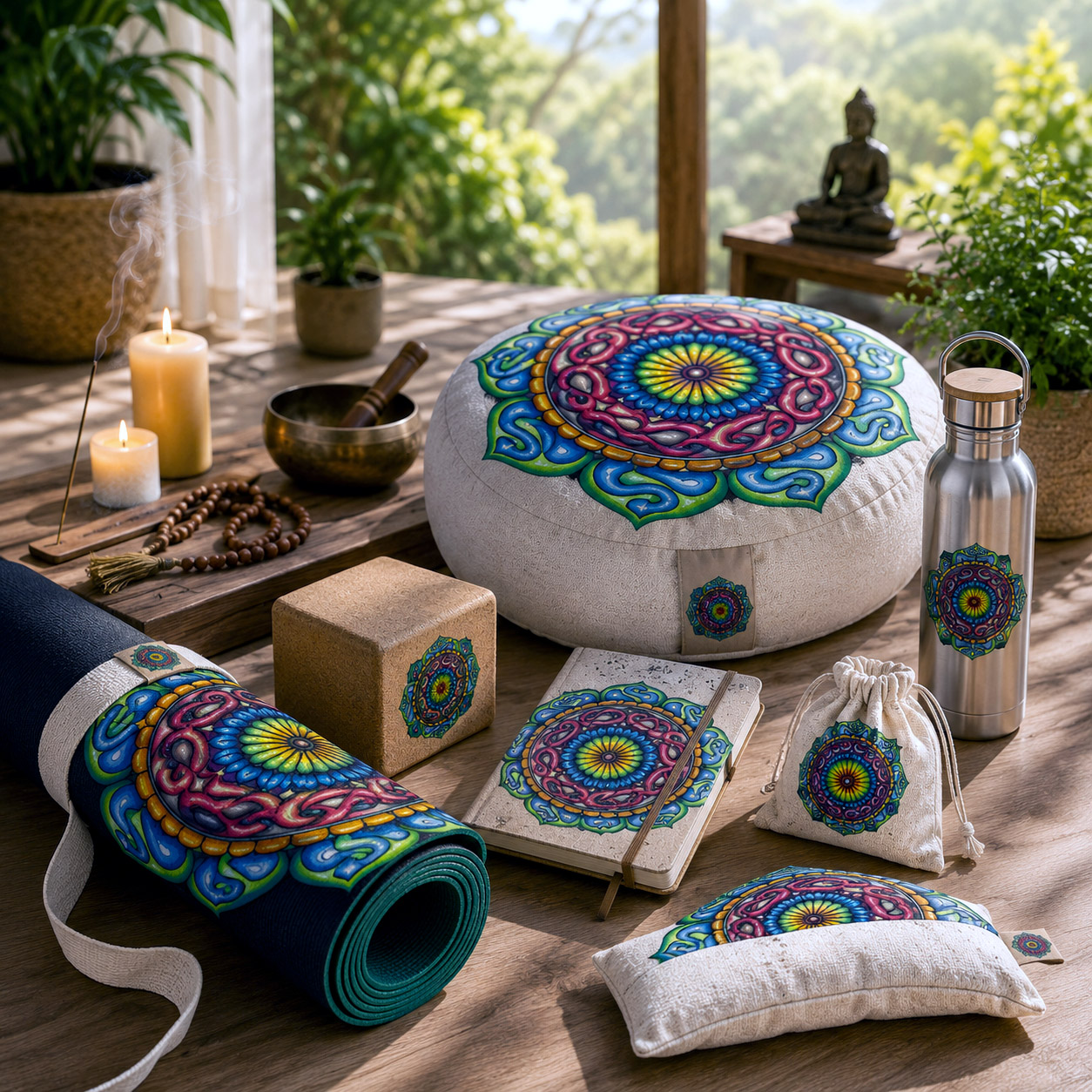 Grounded Core design system applied to a coordinated yoga and meditation collection including a yoga mat, meditation cushion, journal, water bottle, eye pillow, cork block, and wellness accessories.