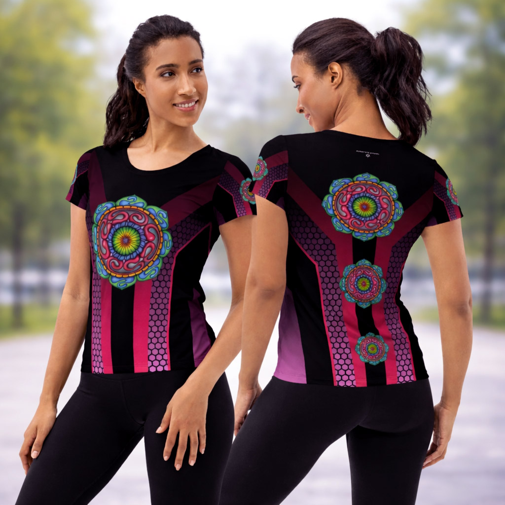 Grounded Core design system applied to a women’s athletic shirt, shown from the front and back with colorful mandala artwork and coordinated geometric detailing.