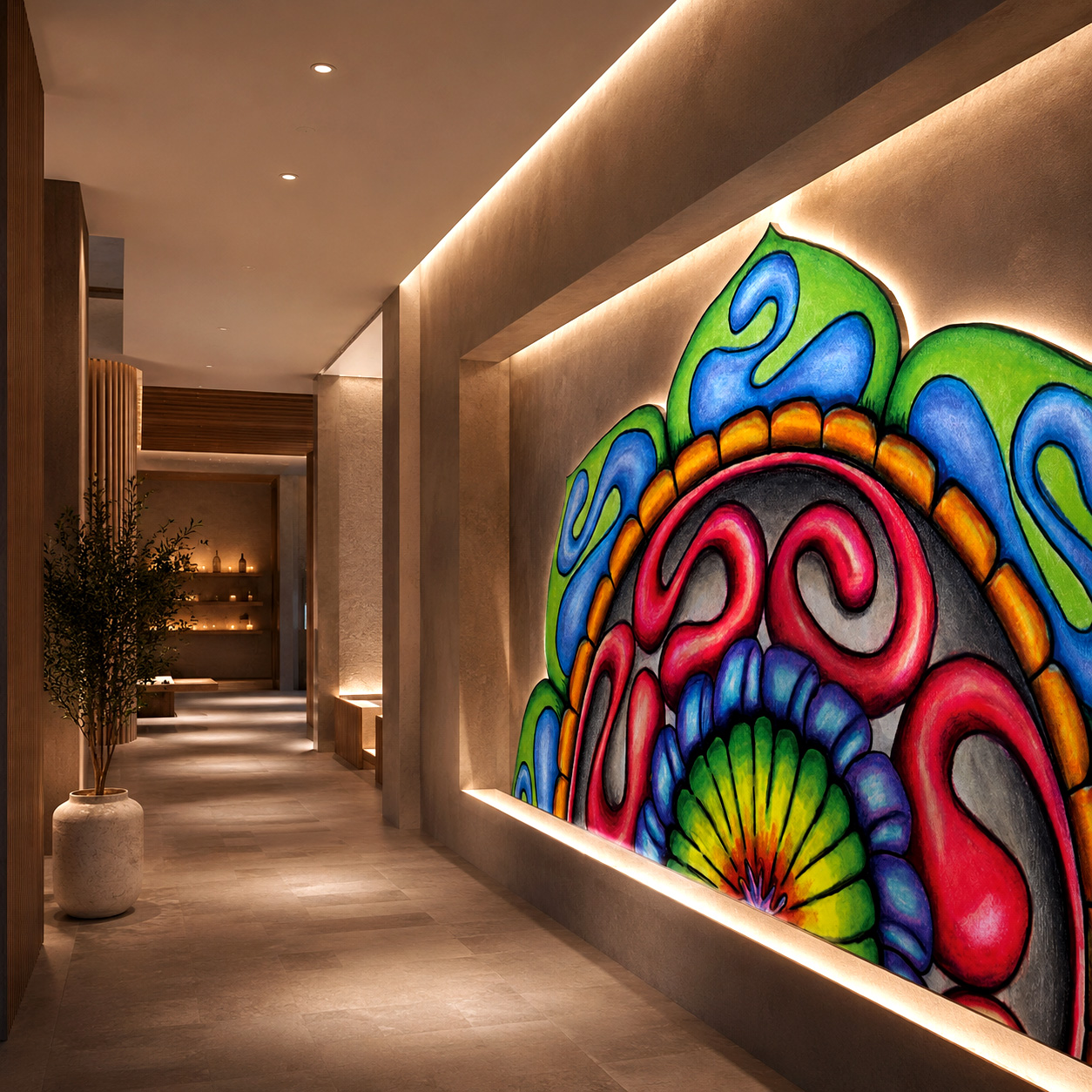 Contemporary living space featuring the Komo design system across wall art, textiles, and home décor.