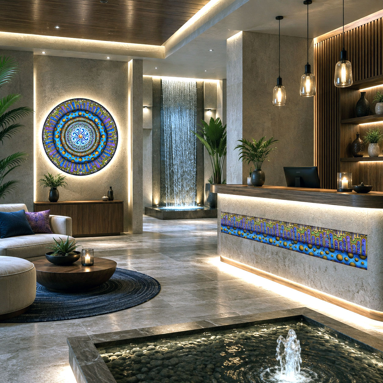 Luxury lobby featuring the Blue Dream mandala as a large architectural wall installation.