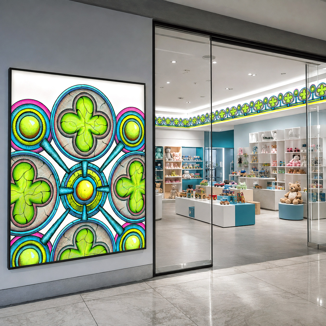 Retail storefront environment featuring the Ancestral Luck across a colorful branded wall installation.