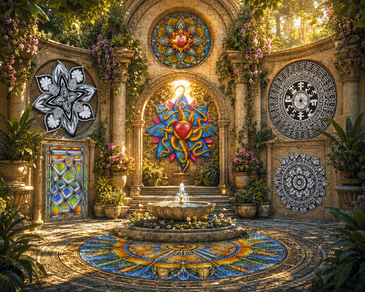 Flowstate Sanctuary puzzle concept featuring embedded mandalas, woodland architecture, carved stonework, and a reflective interior pool.