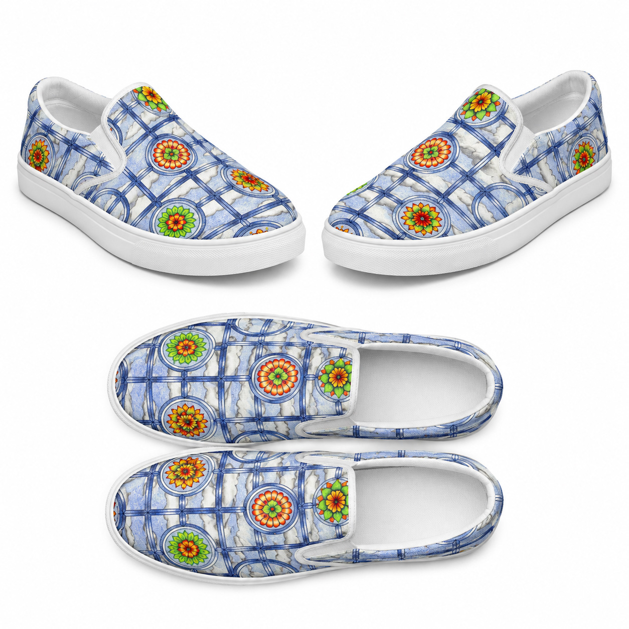 Stained Glass Mandalas | Women’s slip-on canvas shoe collection mockup.