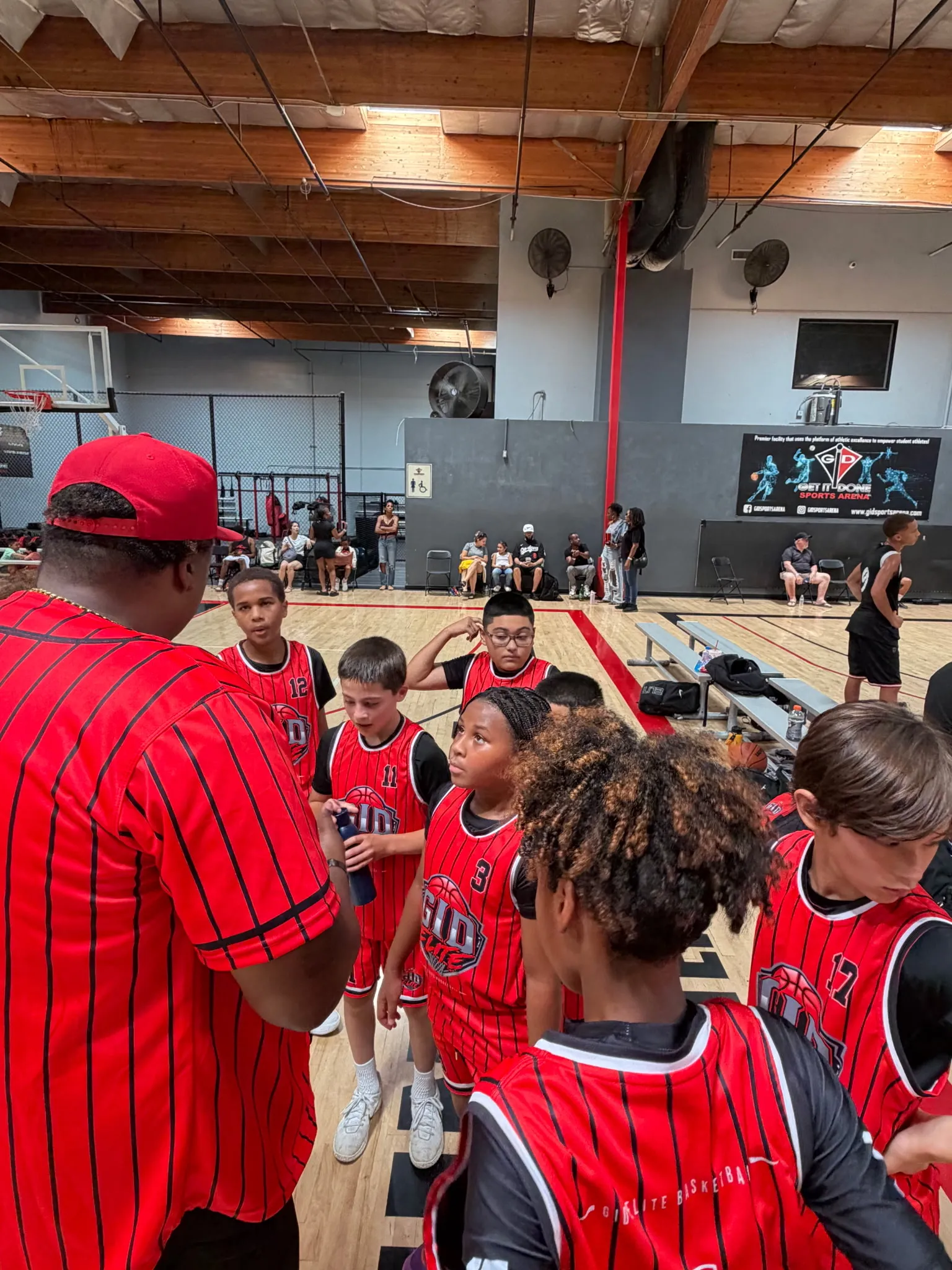 GID Elite youth club basketball players in a team huddle.