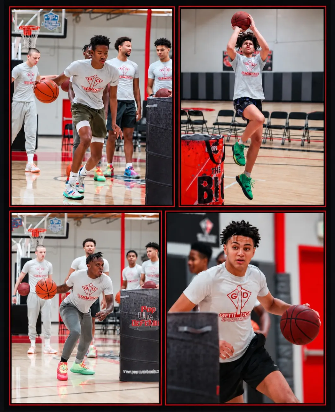 Four-photo collage of Training Academy players practicing dribbling, movement and shooting at Get It Done Sports Arena.