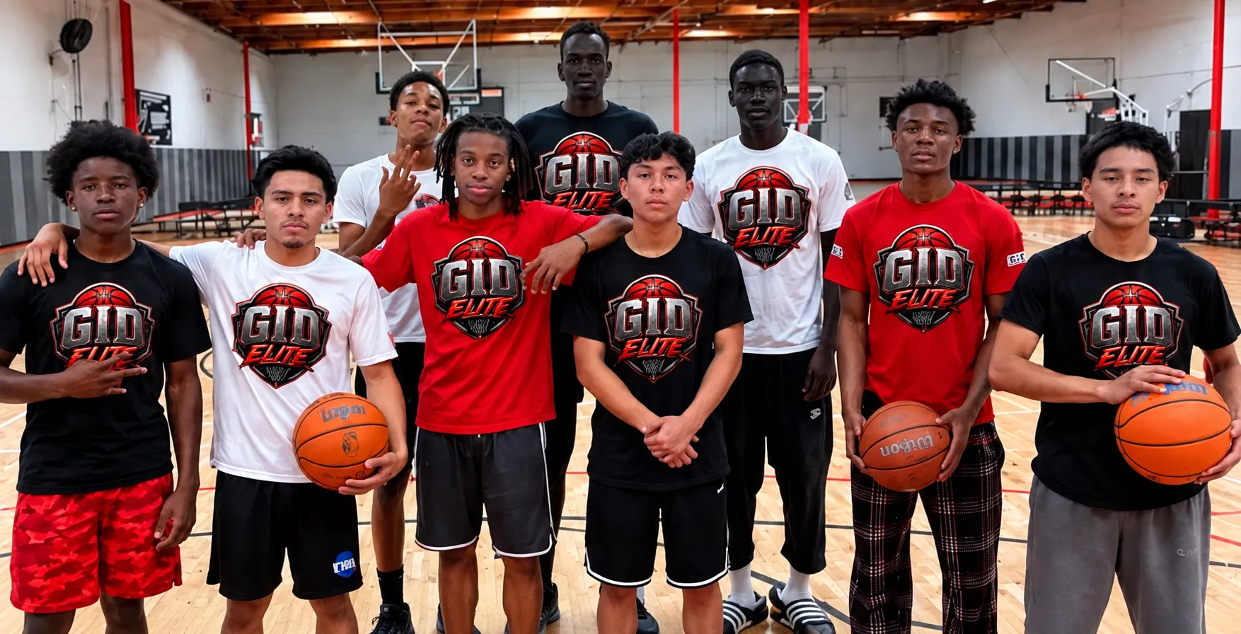 GID Elite Skills Training players together on the court in red, black and white GID Elite shirts.