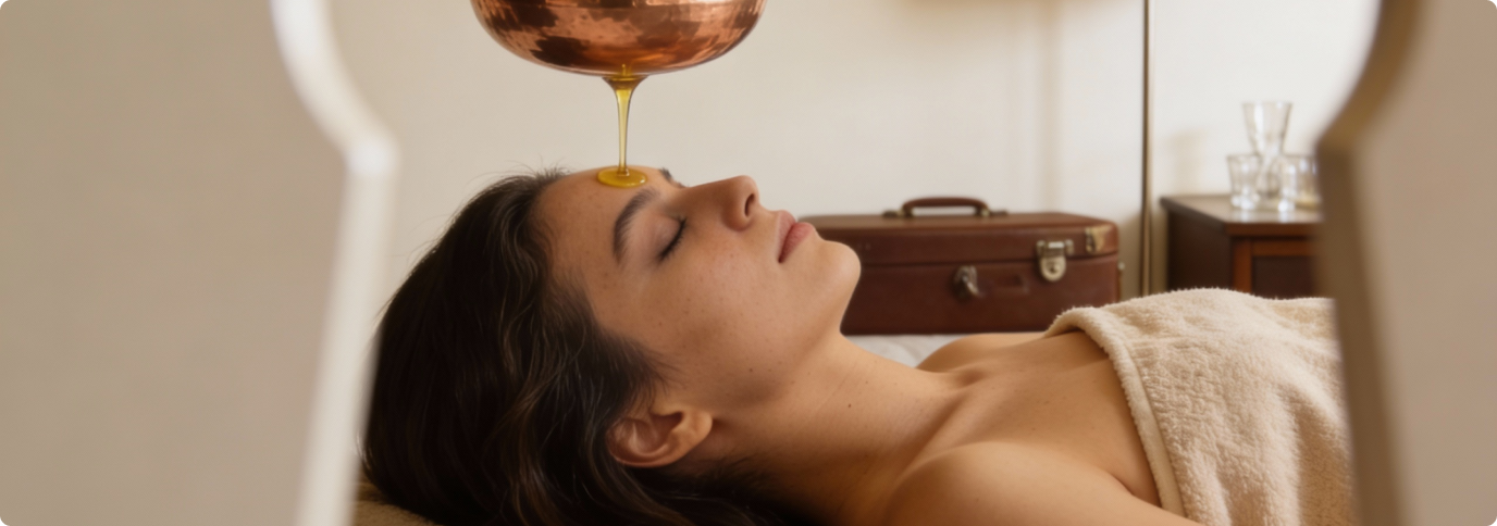 Woman lying with eyes closed receiving warm oil dripping on her forehead during a spa treatment.