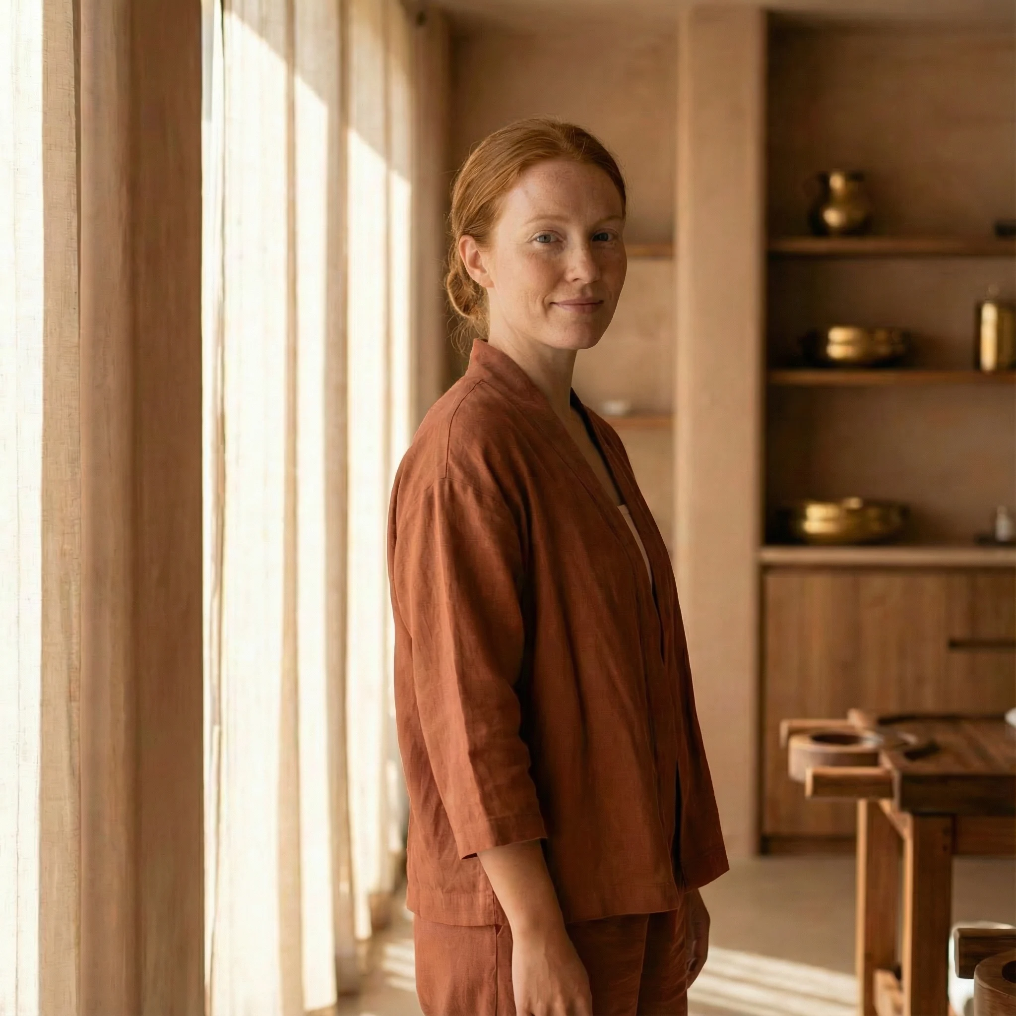 Woman with red hair in a rust-colored outfit stands smiling next to sheer curtains in a warmly lit room.