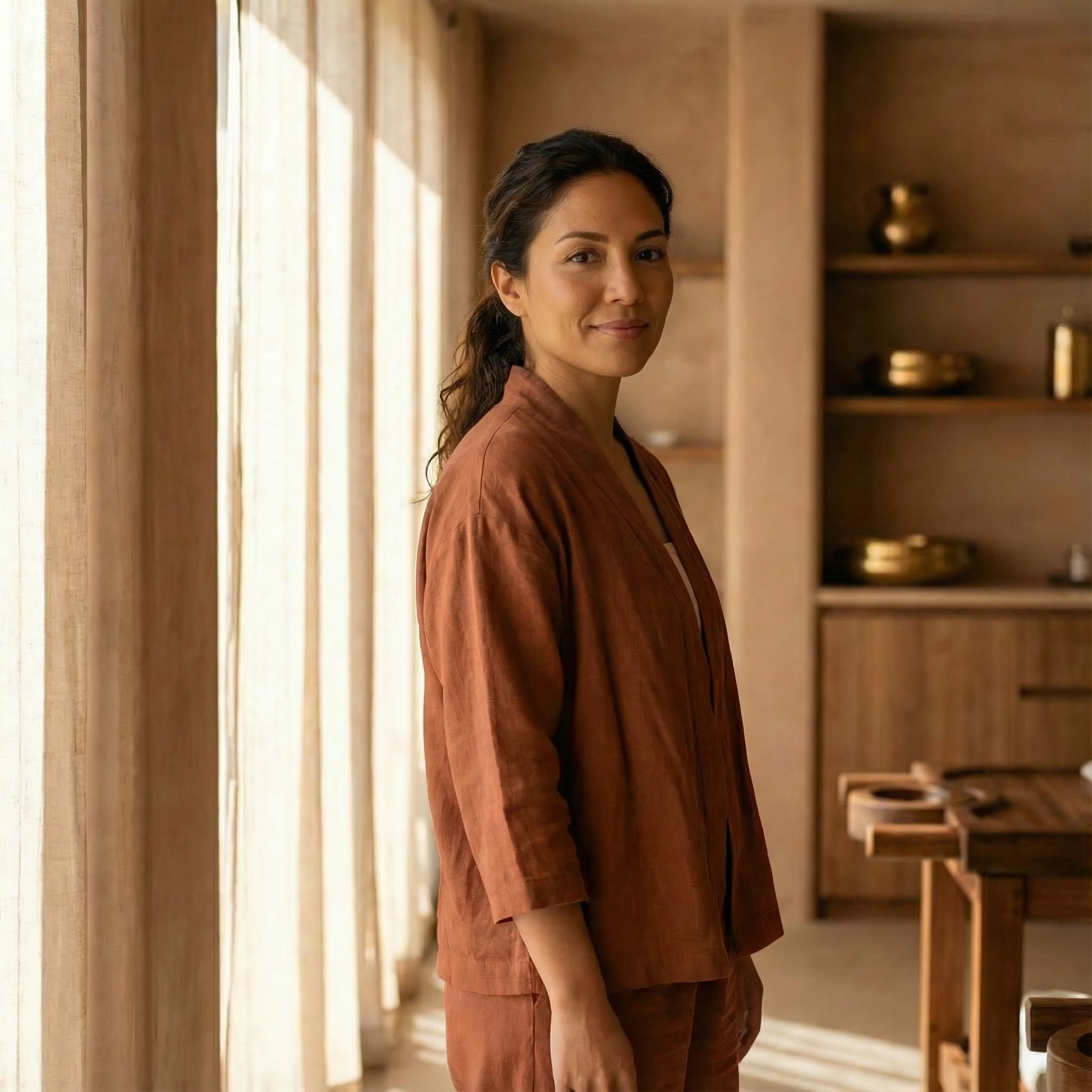 Woman with dark hair in a ponytail wearing a rust-colored outfit standing in a warmly lit room with wooden furniture and sheer curtains.