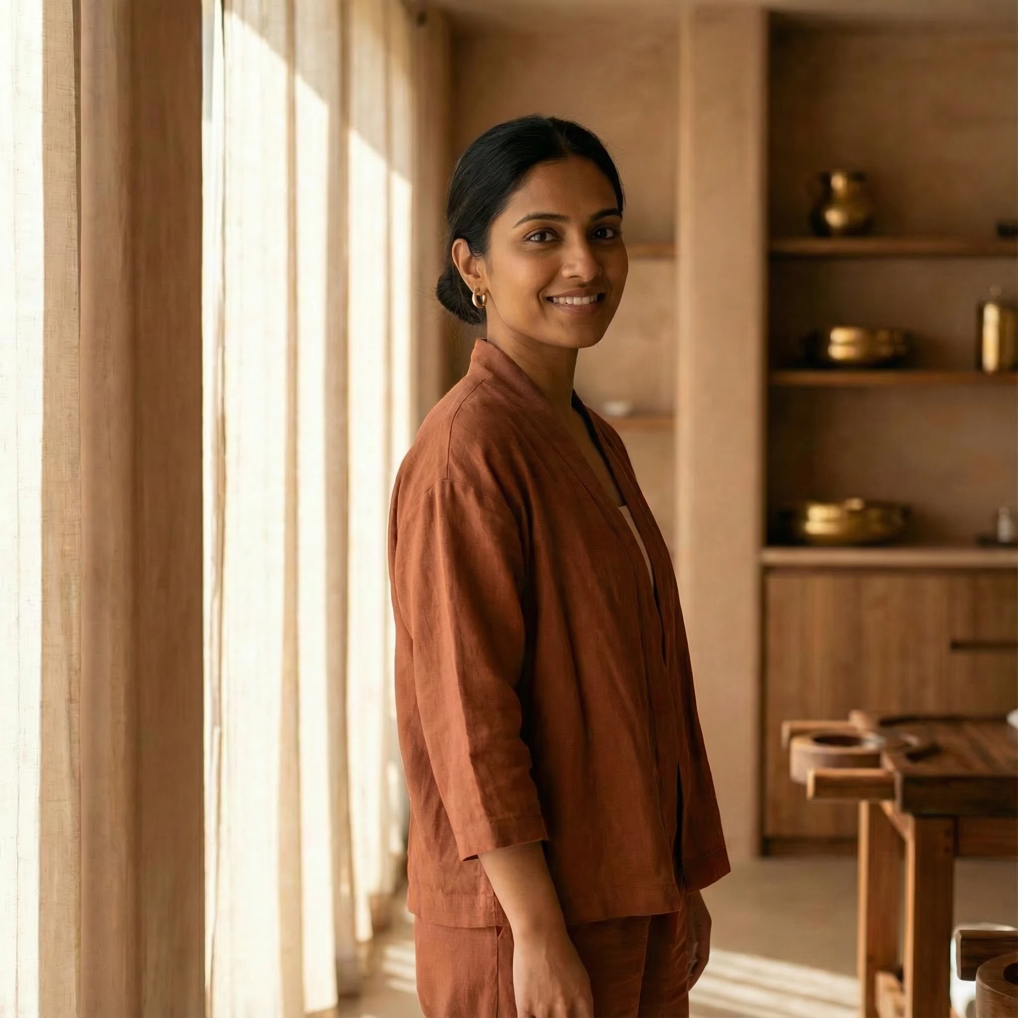 Smiling woman in rust-colored outfit standing near tall sheer curtains in a warm, minimalist room.