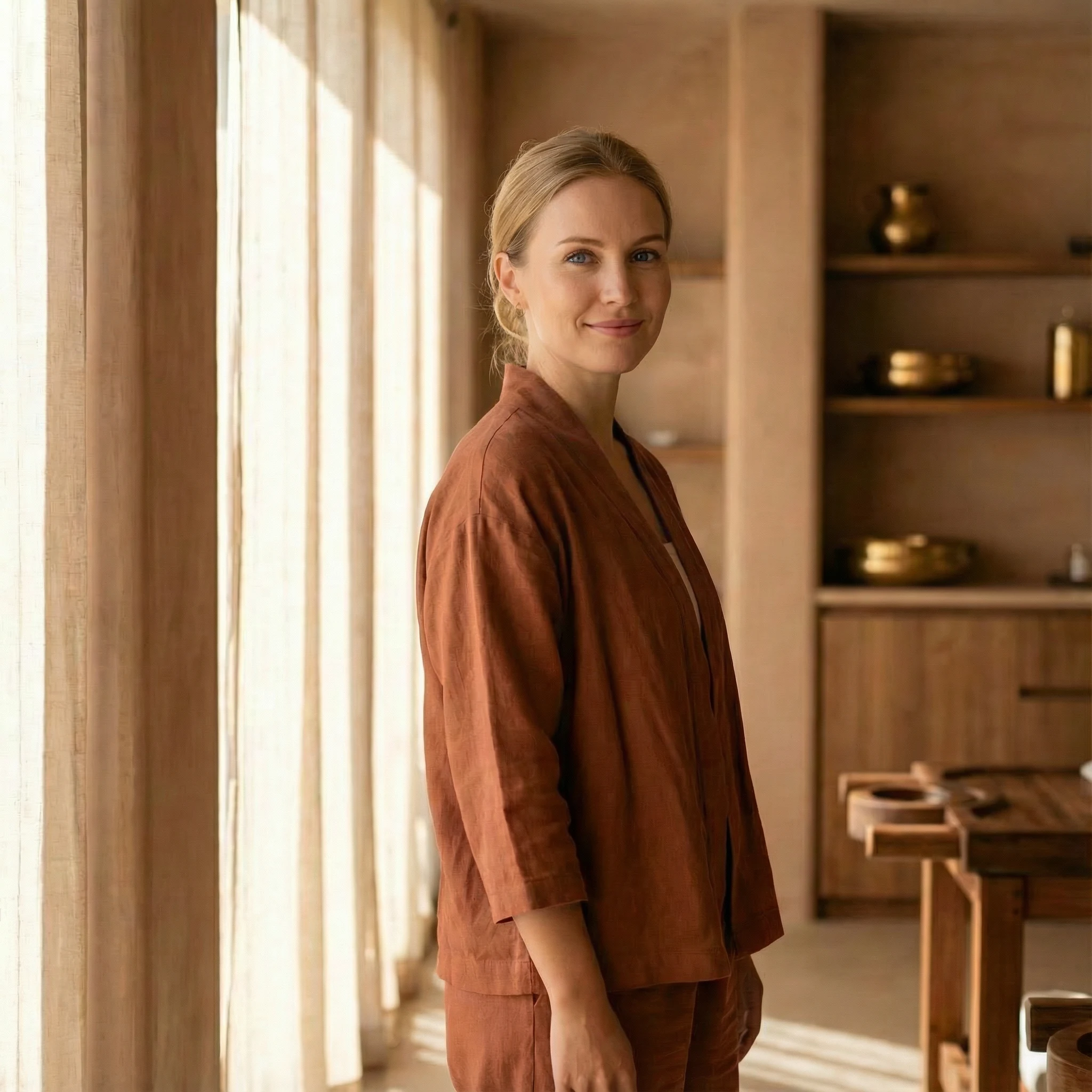 Smiling woman in brown loungewear standing near sheer curtains in a warmly lit wooden room.