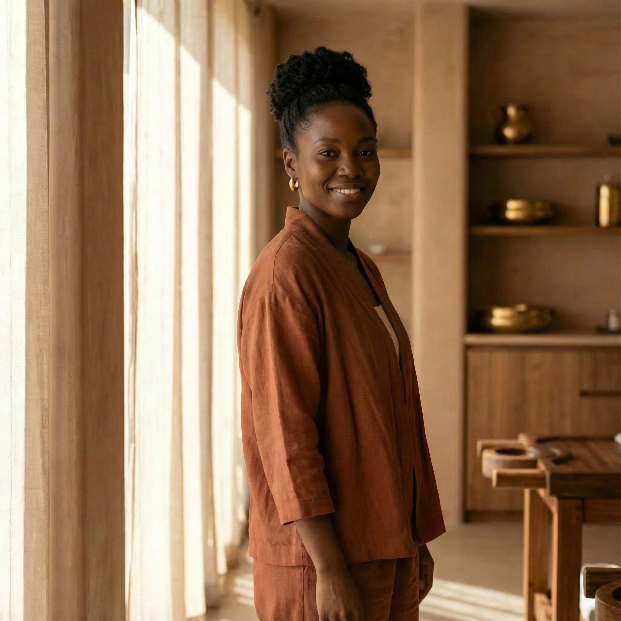 Smiling woman with curly hair in a bun wearing a rust-colored outfit standing in a sunlit room with wooden furniture and shelves.