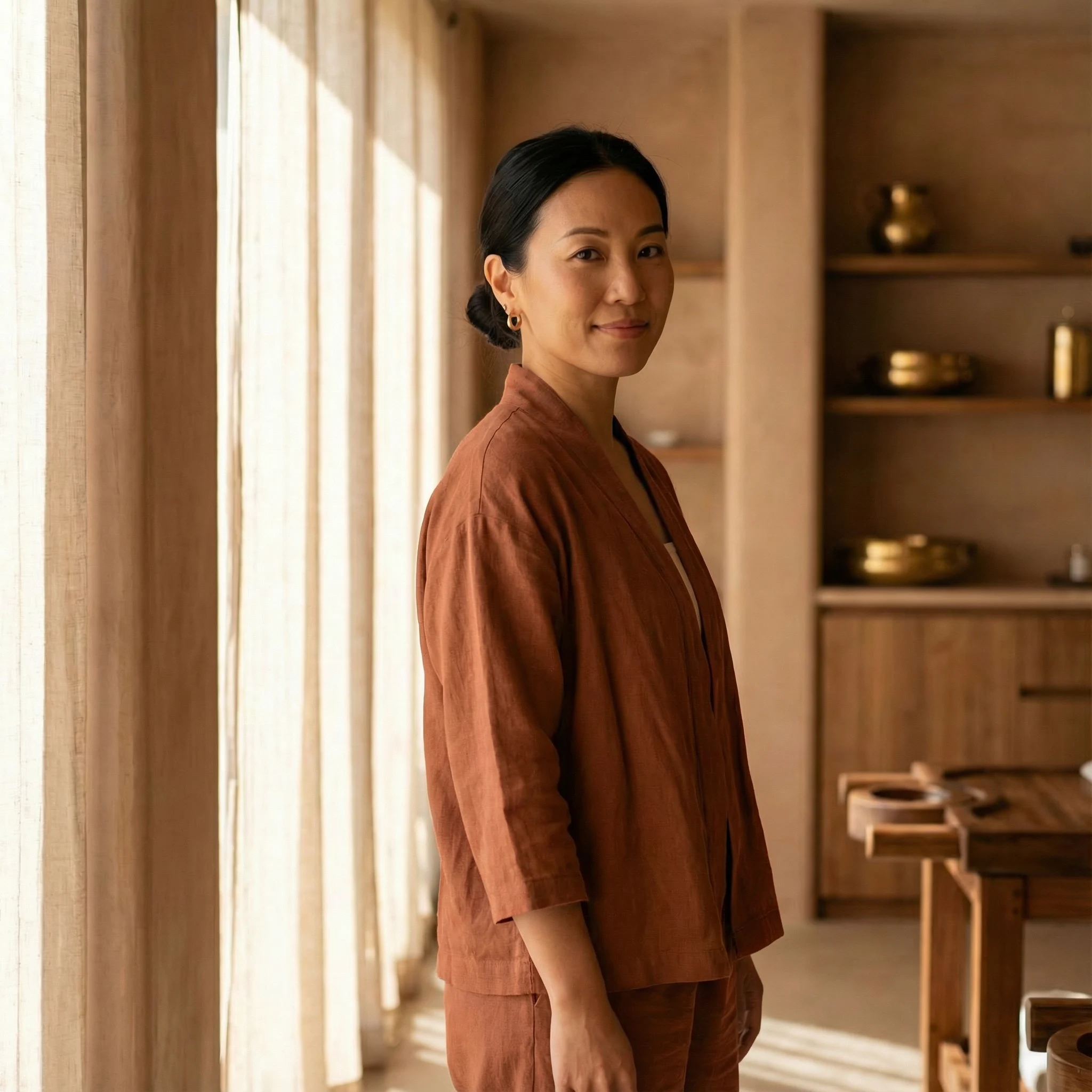 Woman wearing rust-colored outfit standing near a sunlit window in a warm-toned room with wooden furniture.