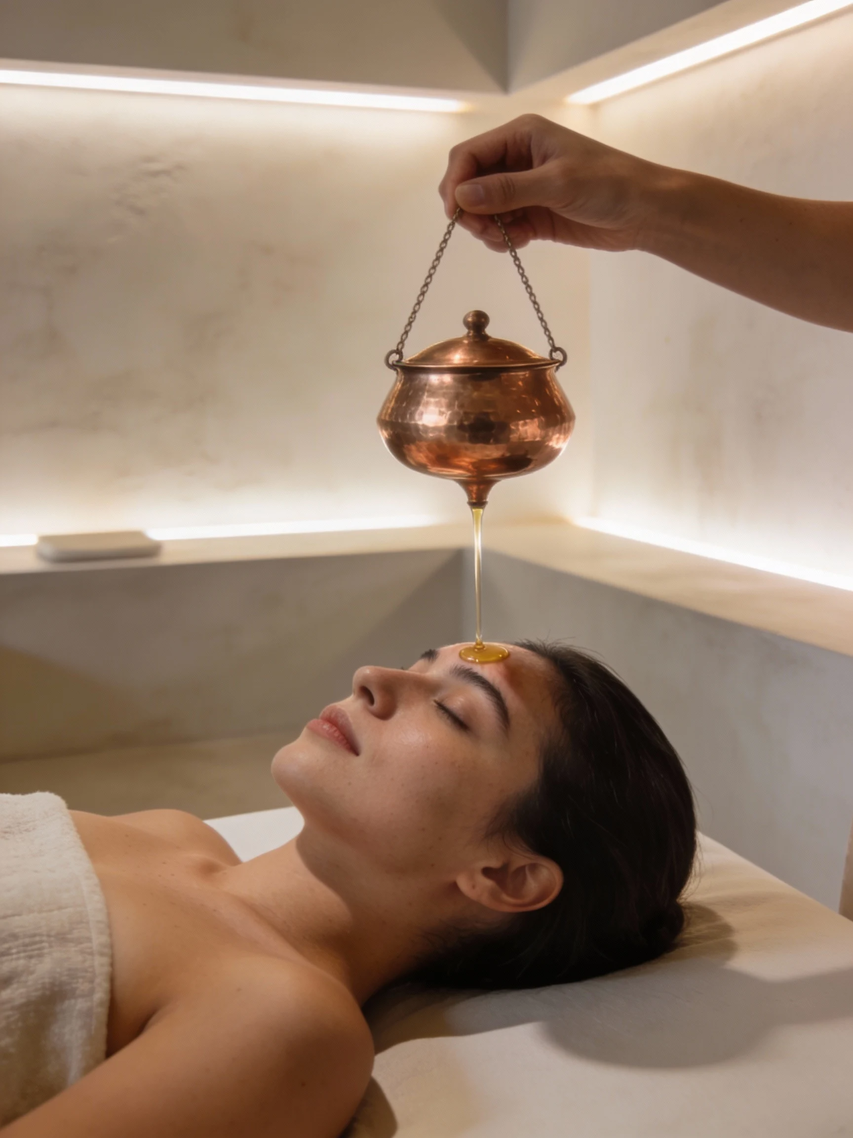 A woman lying down with eyes closed receives a slow pour of oil on her forehead from a copper pot held above her.