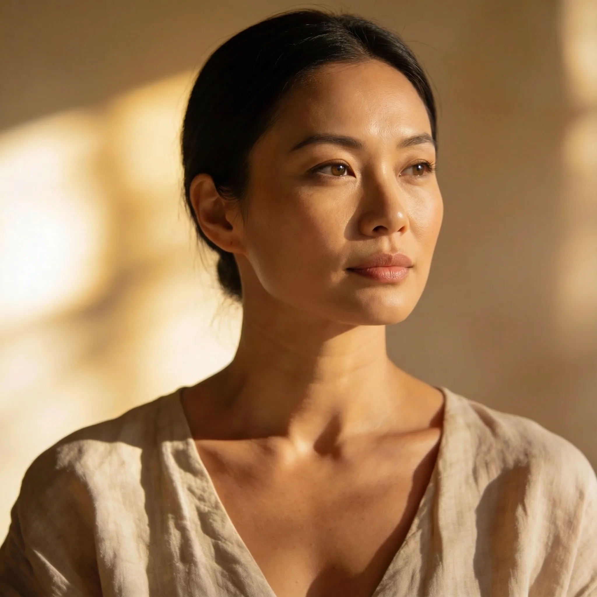 Calm woman with dark hair in a beige top looking thoughtfully to the right in warm natural light.