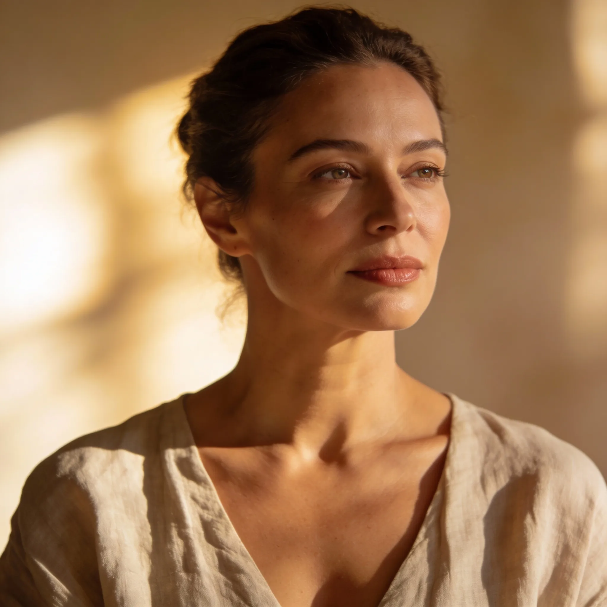 Portrait of a woman with tied-back hair looking thoughtfully to the side in warm natural light.